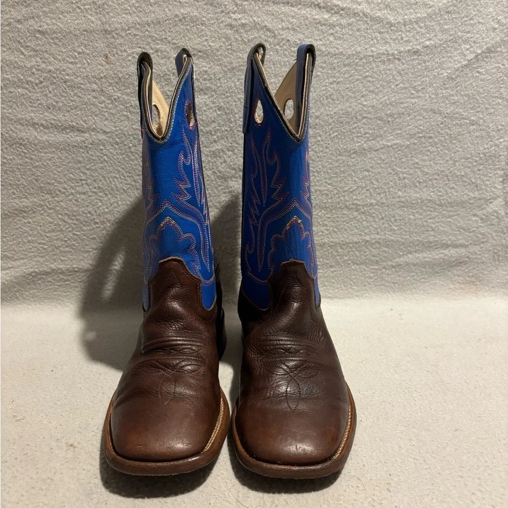 Old West Brown Blue Leather Square Toe Cowboy Boots Youth SZ 020 Style BSC1840